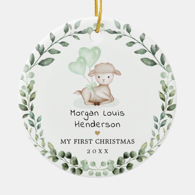 Ornamento De Cerâmica Pequeno Lamb Greenery Wreath Bebê Primeiro Natal (Frente)
