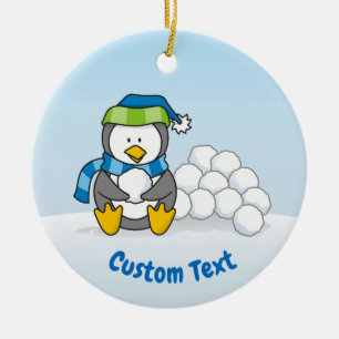 Ornamento De Cerâmica Pequeno pinguim sentado com bolas de neve