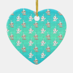 Ornamento De Cerâmica Pequenos coelhos de neve em chapéus e escarpas pad