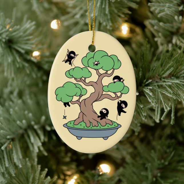 Ornamento De Cerâmica Pequenos Ninjas em Bonsai Tree em Amarelo (Árvore)