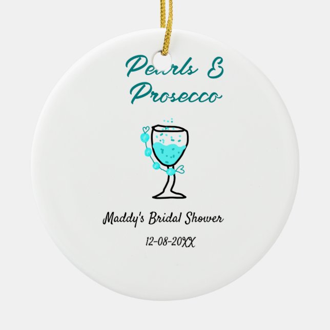 Ornamento De Cerâmica Pérolas e prosecco chá de noiva azul preto nome  (Frente)