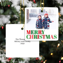 Ornamento De Cerâmica Personalização de Foto Moderna Vermelha e Verde