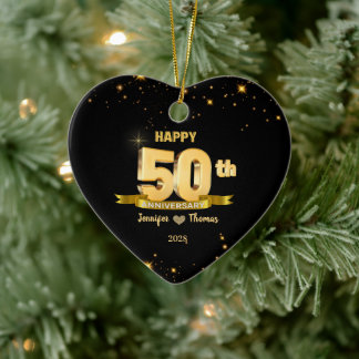 Ornamento De Cerâmica Personalização Dourada do 50º Aniversário de Casam