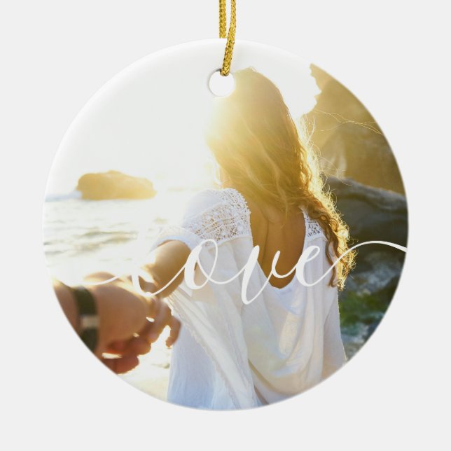 Ornamento De Cerâmica Personalizado 2 Fotografias e Script Text Love (Frente)
