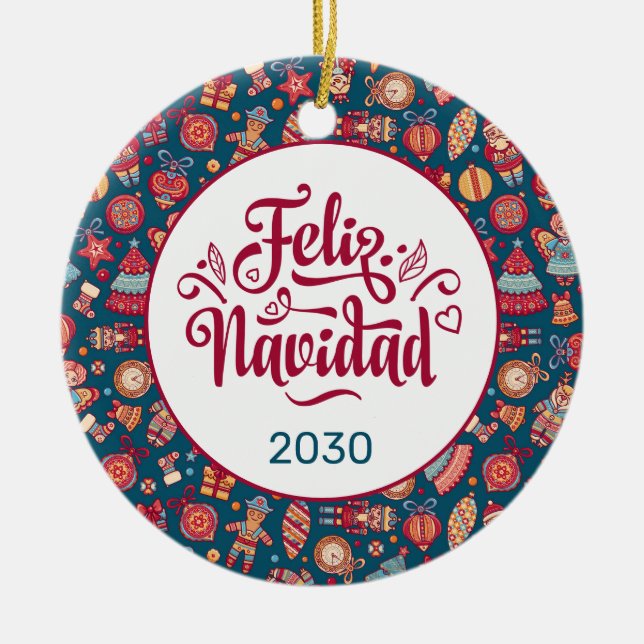 Ornamento De Cerâmica Personalizado do Retro Feliz Navidad (Frente)