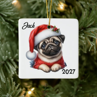 Ornamento De Cerâmica Personalizado Fofinho Natal Papai Noel Pug