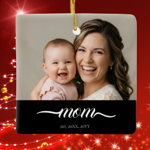 Ornamento De Cerâmica Personalizado Foto da Mãe Ano de Fundação Moderno