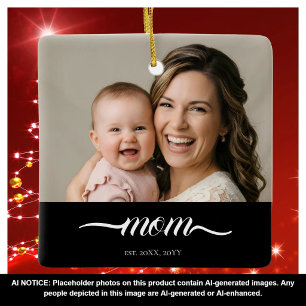 Ornamento De Cerâmica Personalizado Foto da Mãe Ano de Fundação Moderno