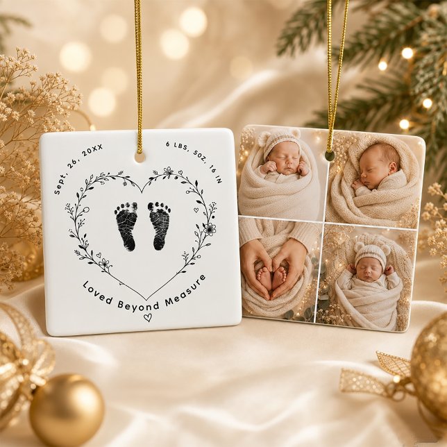 Ornamento de Cerâmica Personalizado para Bebê com  (Personalized Baby 4 Photo Ceramic Ornament#firstbaby)