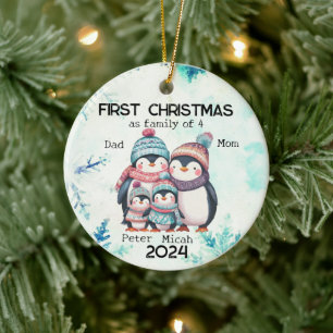 Ornamento De Cerâmica Personalizado Primeiro Natal como Família de 4