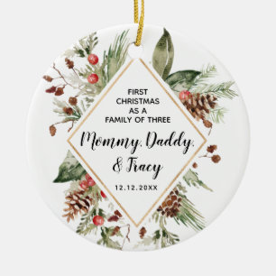 Ornamento De Cerâmica Personalizado Primeiro Natal Como Família de Trê