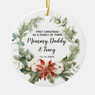 Ornamento De Cerâmica Personalizado Primeiro Natal Como Família de Trê