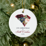 Ornamento De Cerâmica Personalizado Primeiro Natal na Carolina do Sul<br><div class="desc">Personalizado Primeiro Natal no Ornamento Cerâmico da Carolina do Sul. Personalize com suas informações personalizadas tanto na frente quanto na parte traseira.</div>
