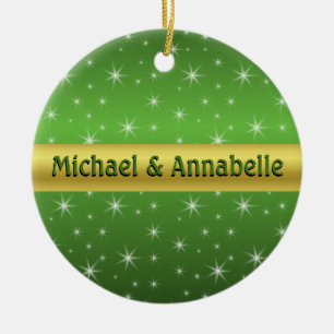 Ornamento De Cerâmica Personalizado Verde, Dourado e Estrelas