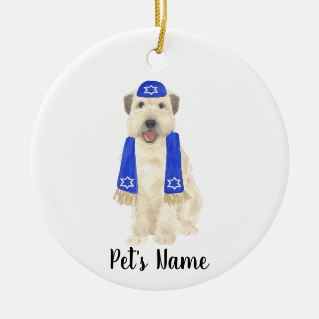 Ornamento De Cerâmica Personalizado Wheaten Terrier Yarmulke e Scarf (Frente)