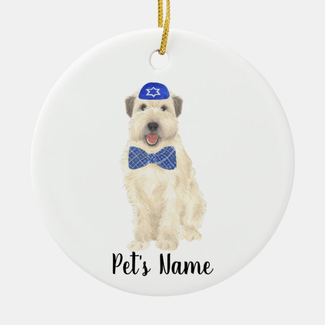 Ornamento De Cerâmica Personalizado Wheaten Terrier Yarmulke e Tie (Frente)