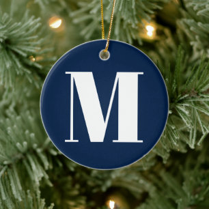 Ornamento De Cerâmica Personalizar branco azul marinho inicial do monogr