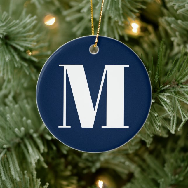 Ornamento De Cerâmica Personalizar branco azul marinho inicial do monogr (Árvore)
