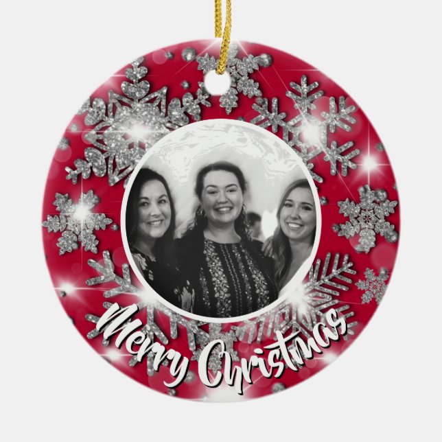 Ornamento De Cerâmica Personalizar floco de neve brilhante elegante (Frente)