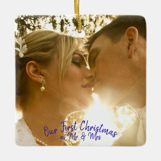 Ornamento De Cerâmica Personalizar Foto de Pavão de Casamento (Frente)