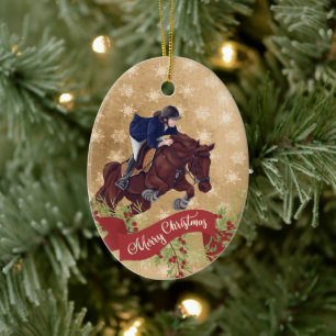 Ornamento De Cerâmica Personalizar Garota e Cavalo Saltando Feliz Natal
