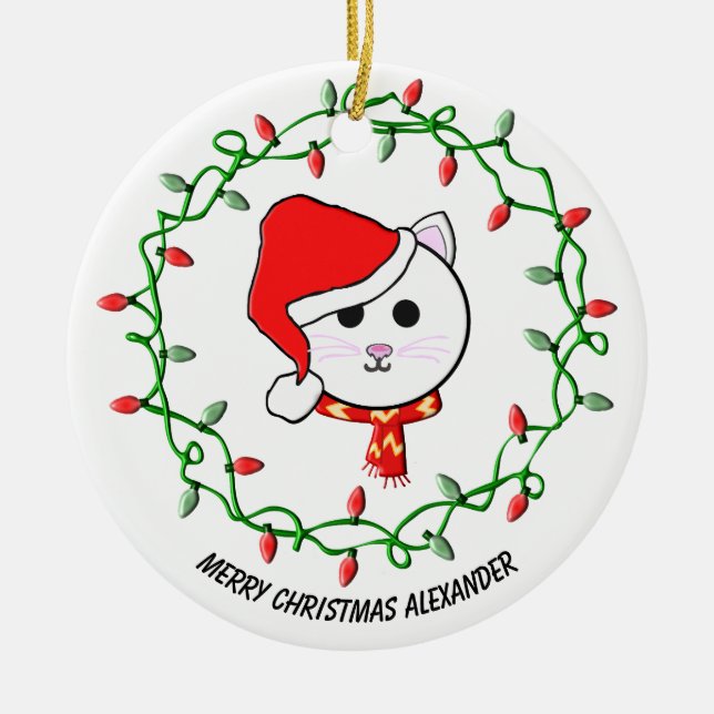 Ornamento De Cerâmica Personalizar Gato de Natal (Frente)