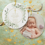 Ornamento De Cerâmica Personalizar Menino Ou Rapariga Foto De Batismo Ve<br><div class="desc">Com folhas delicadas de aquarela e um elegante crucifixo de ouro,  este batismo de chic boy ou de menina ou ornamento de keepsawn batizante pode ser personalizado com sua foto especial e informações sobre eventos. Projetado por Thisnotme©</div>