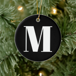 Ornamento De Cerâmica Personalizar o monograma branco preto inicial