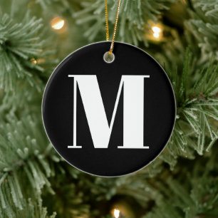 Ornamento De Cerâmica Personalizar o monograma branco preto inicial