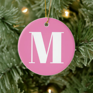 Ornamento De Cerâmica Personalizar o monograma inicial branco rosa