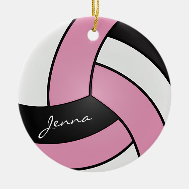 Ornamento De Cerâmica Personalizar Voleibol Rosa, Branco e Preto (Frente)
