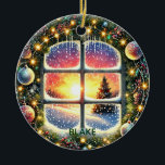 Ornamento De Cerâmica Personalizar Wreath Winter Wonderland Kids Keepsaa<br><div class="desc">Celebre a alegria do Natal com um ornamento personalizado que é tão único quanto os seus pequenos! O lado frontal apresenta uma linda aquarela de natal iluminada com ornamentos, moldando uma janela com um sol posicionado em uma terra maravilhosa de inverno. As cores são espetaculares. O nome de chamada da...</div>
