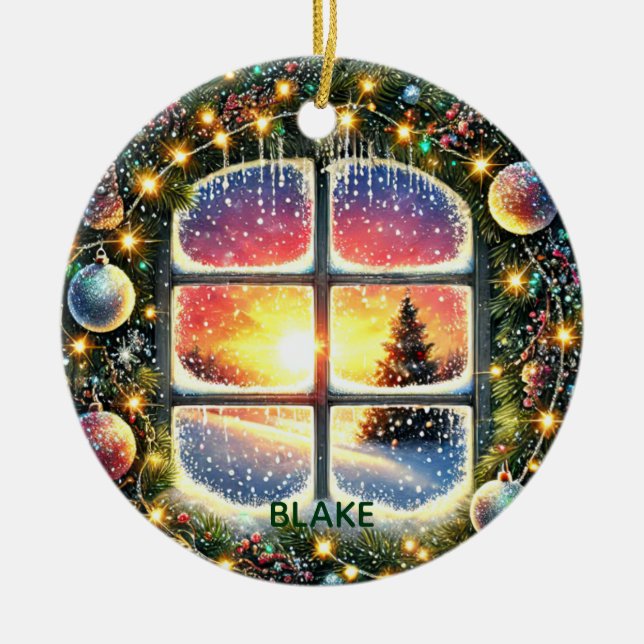 Ornamento De Cerâmica Personalizar Wreath Winter Wonderland Kids Keepsaa (Frente)