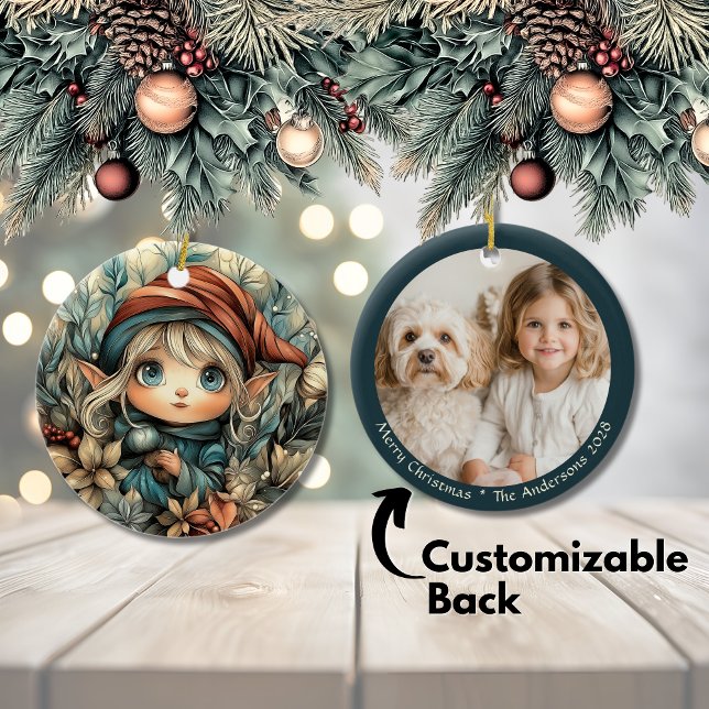 Ornamento De Cerâmica Personalizável Elf de Natal Whimsical (Whimsical Christmas Elf Customizable Ceramic Ornament)