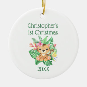 Ornamento De Cerâmica Personalize Bebê 1º Natal Bebê Tigre Folhagem