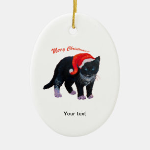 Ornamento De Cerâmica Personalize Black Kitten Feliz Natal