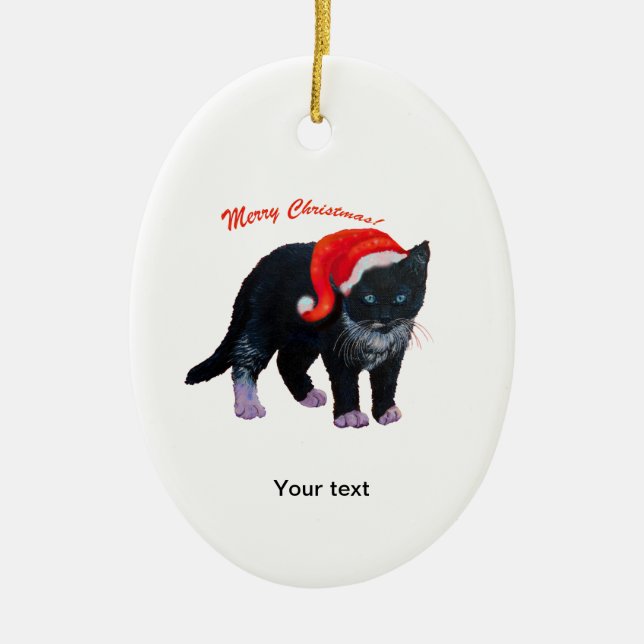 Ornamento De Cerâmica Personalize Black Kitten Feliz Natal (Frente)