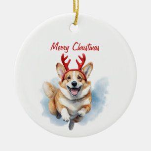 Ornamento De Cerâmica Personalize Corgi de Natal com Ranchas de Reindeer