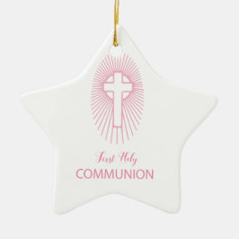 Ornamento De Cerâmica Personalize, Cruz da Primeira Comunhão Rosa Hóstia