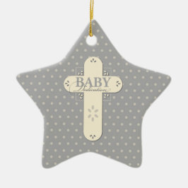 Ornamento De Cerâmica Personalize, Dedicação de Bebê Creme e Cruz Cinza