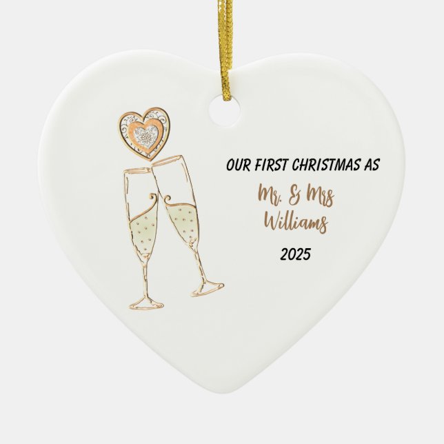 Ornamento De Cerâmica Personalize nosso primeiro coração e champanhe de  (Frente)