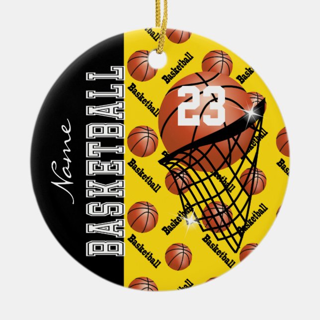 Ornamento De Cerâmica Personalize o basquetebol amarelo (Frente)