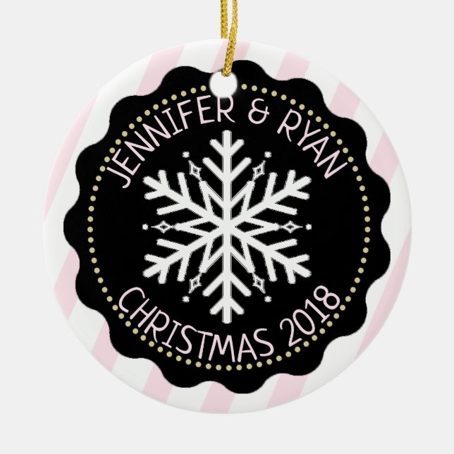 Ornamento De Cerâmica Personalize o floco de neve branco preto fotográfi (Frente)