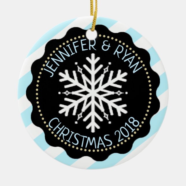 Ornamento De Cerâmica Personalize o floco de neve branco preto fotográfi (Frente)