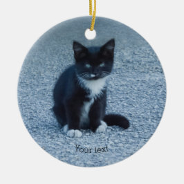 Ornamento De Cerâmica Personalize o gato preto e branco Tuxedo