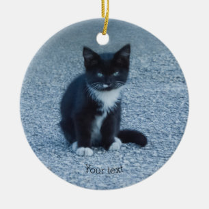 Ornamento De Cerâmica Personalize o gato preto e branco Tuxedo