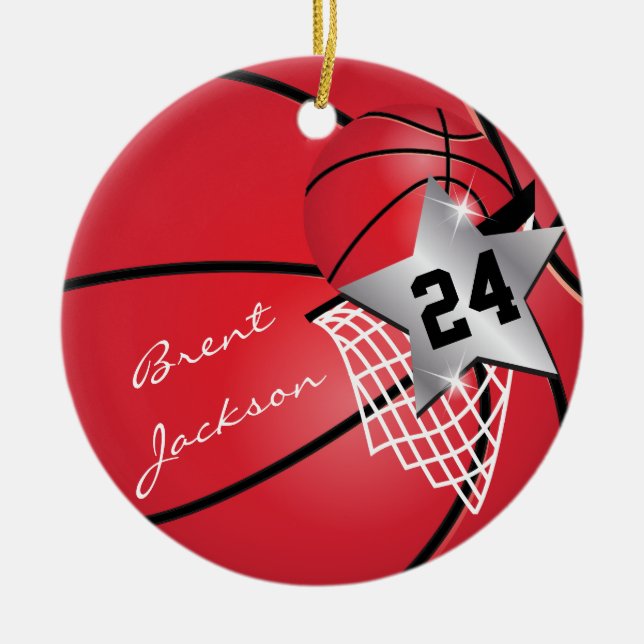 Ornamento De Cerâmica Personalize o Super ⭐ Star Player Red 🏀 Basball (Frente)