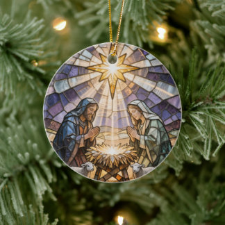 Ornamento De Cerâmica Personalize Stained Glass Nativity Scene Christmas