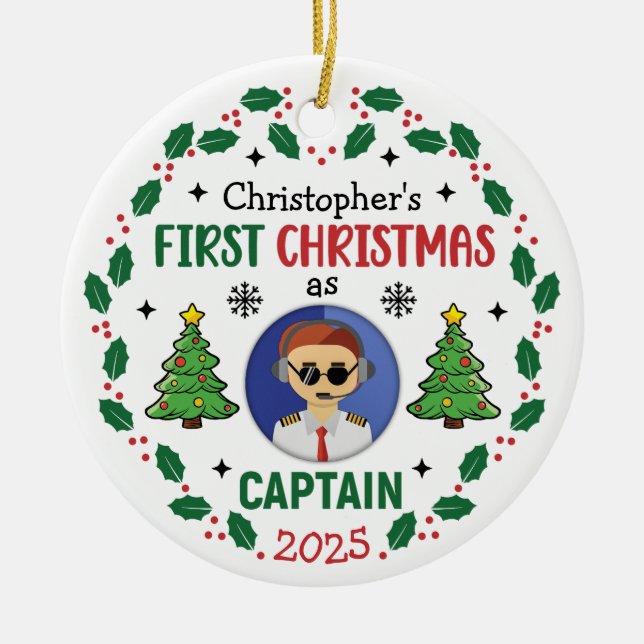 Ornamento De Cerâmica Personalized Airline Captain Custom Name Christmas (Frente)