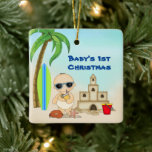 Ornamento De Cerâmica Personalized Baby's 1st Christmas Boy's Beach<br><div class="desc">This beach Baby's 1st Christmas holiday ornament features a cute boy beach baby sipping her lemon aid. He is standing with her impressive sandcastle and surfboard. It can be personalized with a name, year or any text that you wish to add. Some graphics by artwork©delightful-doodles.com and CherylSeslarDesigns.com at DigiWebStudio.com. ^...</div>